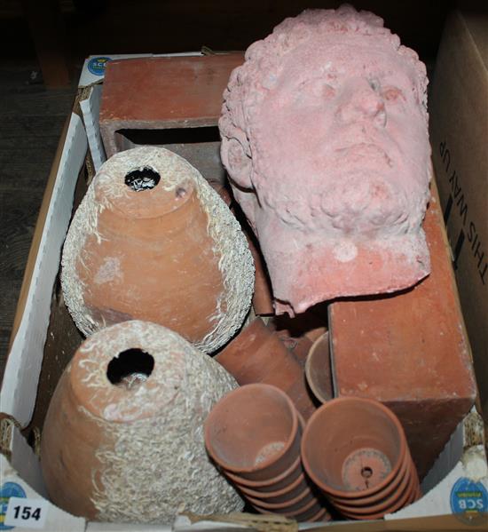 Qty terracotta pots and a mask